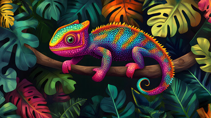 A colorful cartoon chameleon blending into a leafy jungle background.
