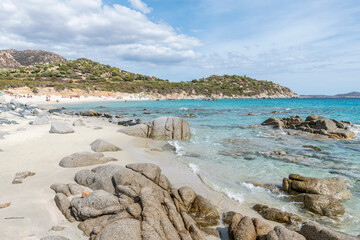 The beautiful pebble and white sand beach of Porto Sa Ruxi, Sardinia, Italy