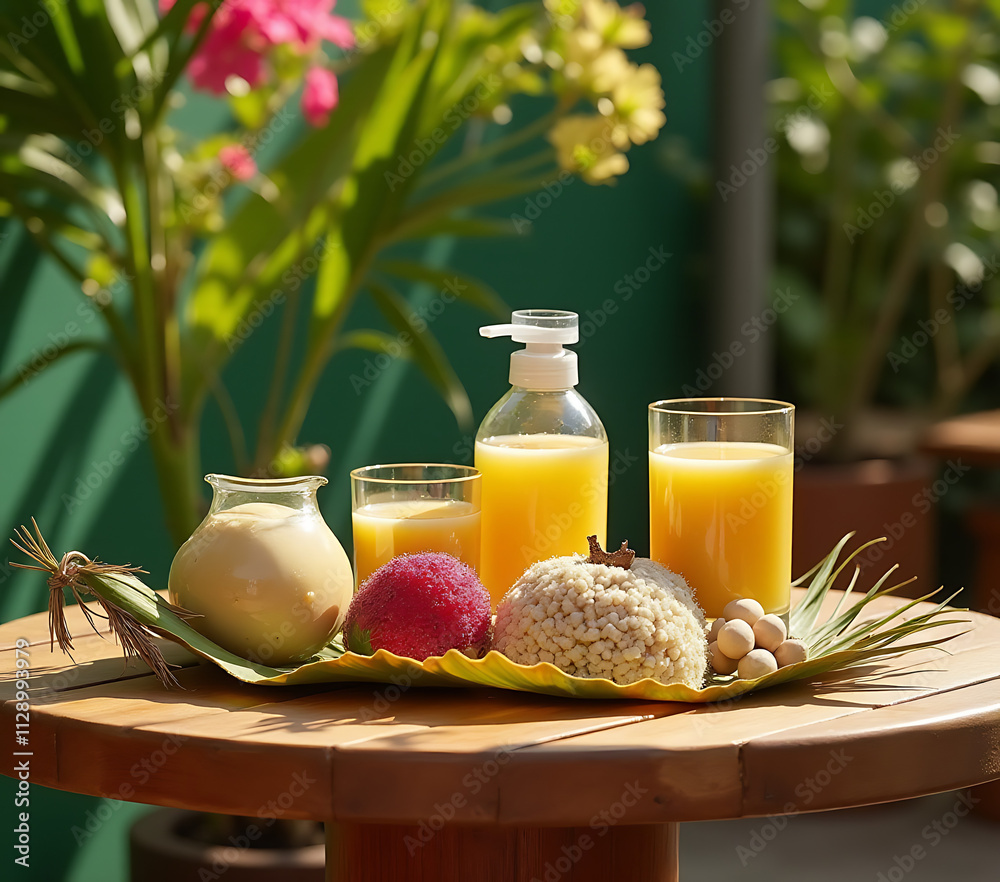 Poster wooden table with a natural product display on top of a palm leaf in a colorful and vibrant outdoor 