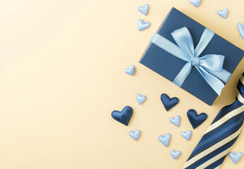 Obraz premium blue gift box with ribbon, surrounded by heart shaped decorations and striped tie, creates festive atmosphere perfect for celebrations