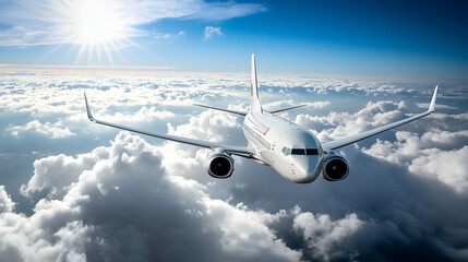 A commercial airliner breaking through dense clouds into a bright sunny sky.