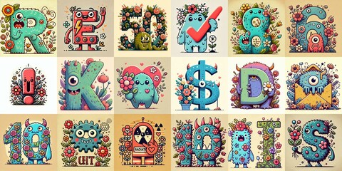 Fototapeta premium Cartoon Flowers Monster Lettering Typeface. AI generated illustration