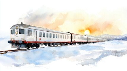 Obraz premium passenger train travels through snow covered countryside at sunset, creating serene and picturesque scene