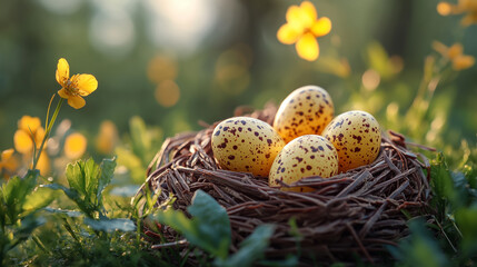 Fototapeta premium Easter greeting card – yellow, pink, and blue speckled eggs in a nest on the grass beneath a tree.