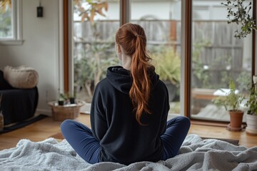 A woman with red hair tied in a ponytail sits on a blanket in a minimalist living room, wearing blue leggings and a black hoodie Natural light fills the room 2