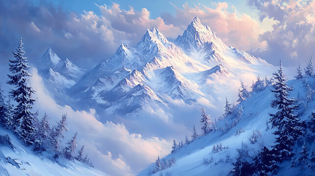  A dreamy winter scene of snow-covered mountains bathed in soft twilight, with misty clouds at the base (3)