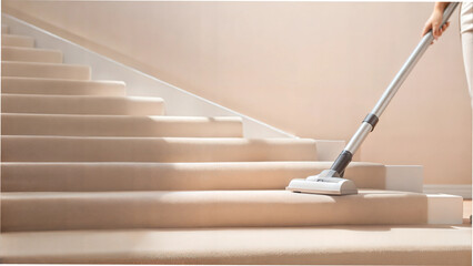 Cleaning carpeted stairs with a vacuum, modern household chore