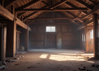 Abandoned horse stable with exposed beams and dust, dusty, hollow, ruin