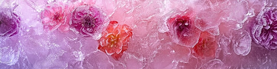Close-up of frozen flowers inside an ice block, with pink and purple hues, macro photography.