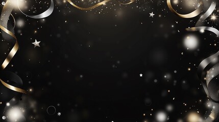 Sleek border for landscape slide, New Year's Eve theme. Gold, silver accents, confetti, streamers. Stars, lights. Sophisticated, festive