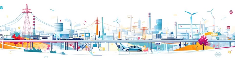 Obraz premium A detailed illustration of renewable energy technology, including smart grids, clean power stations, and EV networks. Vector art, 4k resolution, white background