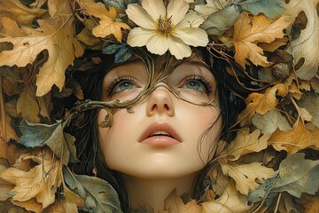 Autumn Goddess Emerging from Fallen Leaves