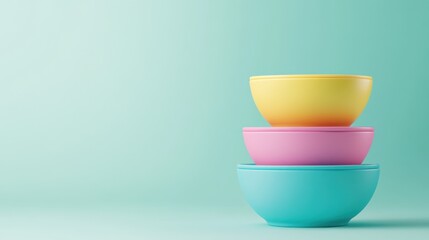 Colorful stacked bowls on a mint green background, showcasing a playful and modern kitchen aesthetic.