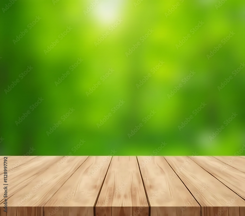 Poster The wood table top is in sharp focus while the green tree background is blurred out of focus._00002_