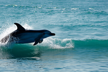 A dolphin jumping out of the water. Dolphins fish in the sea waves. Dolphin jumping on a foam in the waves. Dolphins jump in the waves lifestyle and fish.