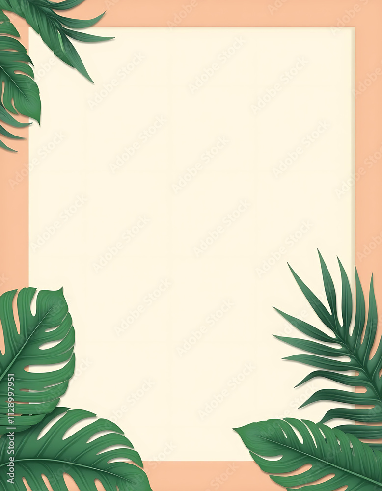 Poster the summer promotional ad features a calming pastel color background with lush tropical leaves for a