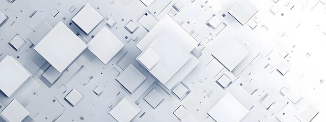 White background with cubes of different sizes and shapes arranged in an abstract pattern, creating a modern minimalist design for various applications