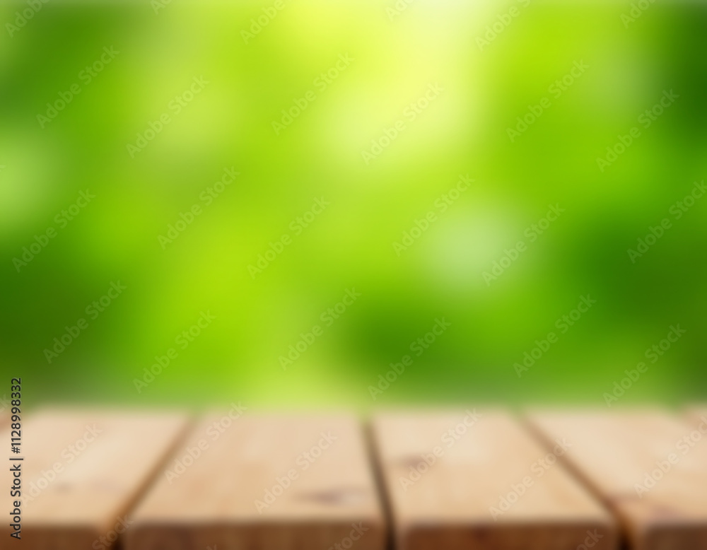 Poster the real wood table top texture is set against a blurred fresh green garden background for product d