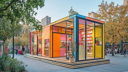 A pop-up shop with vibrant panels and modular construction, set in an urban plaza, blending utility and contemporary design