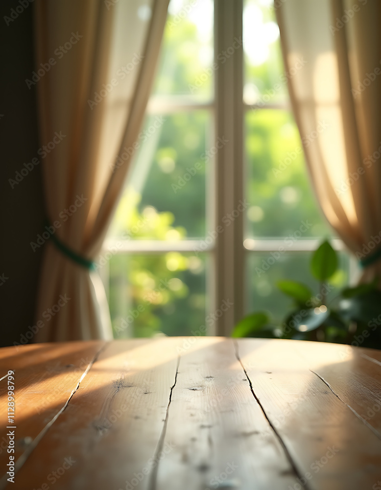 Poster The empty wooden tabletop is reflected in a blurred curtain with an abstract view of a green garden outside under sunlight._00001_