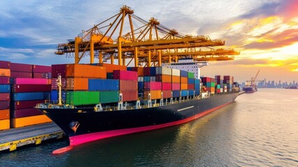 Naklejka premium A vibrant cargo ship loaded with colorful containers docked at a port during sunset, showcasing maritime industry and trade activity.