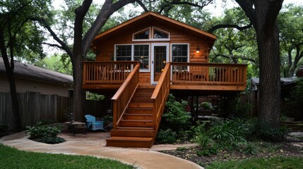 Obraz premium This treehouse, featuring a wooden structure and spacious deck, is nestled among tall trees in a peaceful backyard. It offers a perfect retreat for relaxation and enjoying nature