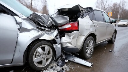 Two vehicles are involved in a serious collision on a busy urban road during winter. silver car shows significant damage to its rear while the other vehicle is severely impacted