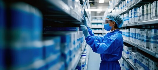 Healthcare worker wearing mask, gloves, and medical attire is carefully organizing supplies in sterile storage facility. Safety in medical logistics.