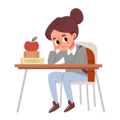 Sad girl student or schoolgirl at the table. Depression.Unhappy and tired girl preparing for school exam, writing homework, feeling sad and bored .Back to school.