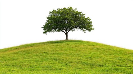 Fototapeta premium A solitary, leafy tree is positioned atop a vibrant green hill. The environment is calm and peaceful, showcasing a clear sky and plenty of grass, creating a tranquil atmosphere