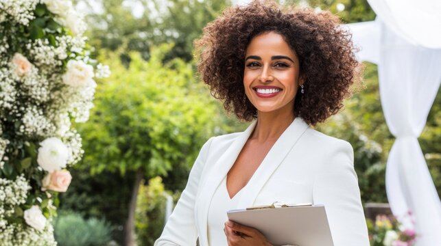 wedding planner stands in an outdoor venue adorned with elegant floral arrangements, smiling while holding a clipboard, showcasing her professionalism and joy at the event