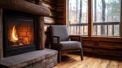 A cozy cabin interior featuring a stone fireplace, a comfortable chair, and large windows overlooking a serene forest view.