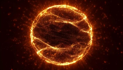 abstract orange fire energy sphere of particles and waves of magical glowing on a dark background