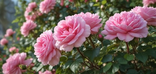 Fototapeta premium Pink double flowers and green buds of rose bush in full bloom , nature photography , pink double blooms