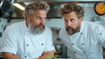 Two chefs, both with beards and similar appearances, are focused on a discussion about cooking techniques while chopping fresh vegetables in a bustling kitchen setting