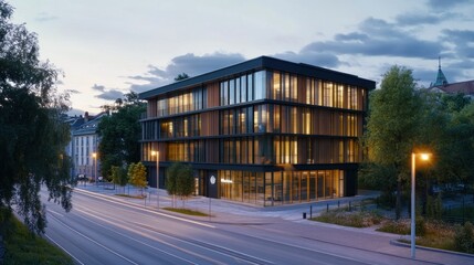 Obraz premium Modern office building at dusk, showcasing sleek design and illuminated windows.
