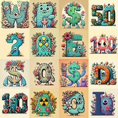 Fototapeta premium Cartoon Flowers Monster Lettering Typeface. AI generated illustration