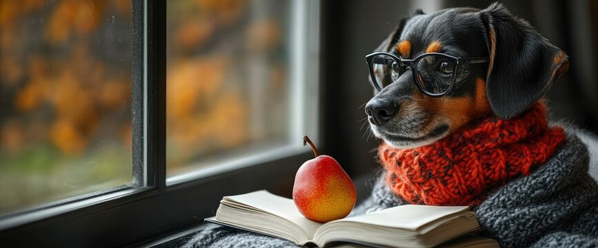Intelligent Dog Reading a Book by the Window in Autumn