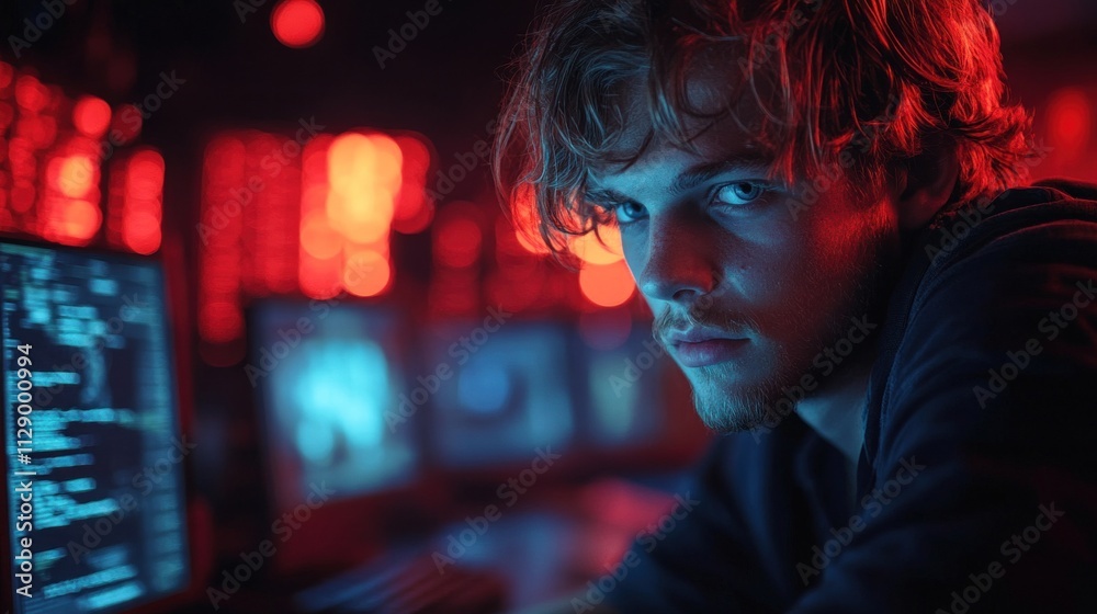 Poster young man focuses intently on coding at his workstation, surrounded by multiple glowing computer scr