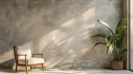 Chic interior showcasing a sleek armchair and a leafy plant beside a neutral plaster wall