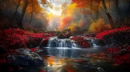 Fototapeta premium Serene autumnal stream flowing through a vibrant forest with red and gold foliage, cascading over mossy rocks.