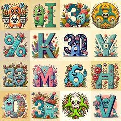 Obraz premium Cartoon Flowers Monster Lettering Typeface. AI generated illustration