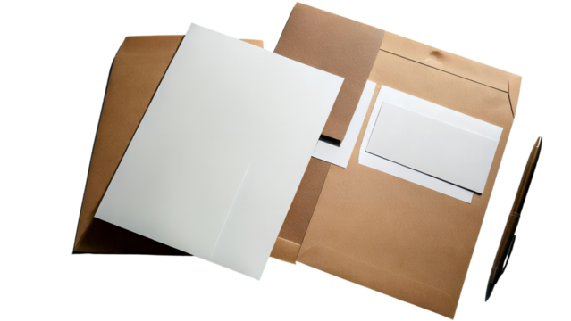 Brown Envelope Mockup with Blank Papers and Pen: Corporate Branding Stationery Design Template