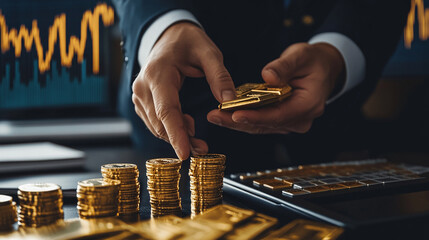 A businessman analyzes gold prices for secure investments in 2025.