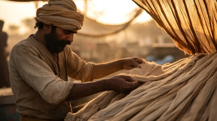 dedicated artisan carefully folds and arranges beautiful textiles in a bustling market during sunset. warm light enhances the rich colors of the fabric, showcasing craftsmanship