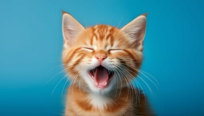 Fototapeta premium orange tabby kitten yawning with eyes closed against a light blue background expressing a sense of relaxation and cuteness