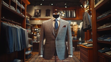 Fototapeta premium Elegant Tailored Suit Displayed in Upscale Clothing Store with Stylish Mannequin Surrounded by Premium Fashion Attire and Tailoring Accessories