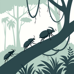 Silhouette of beetles crawling across a jungle branch Jungle Scene Silhouette of Beetles on a Branch