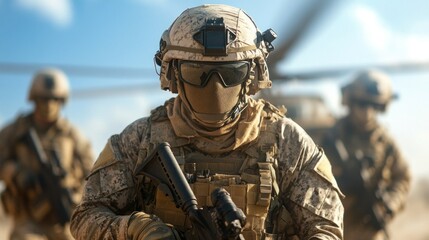group of soldiers dressed in camouflage uniforms prepares for a mission near a helicopter in a desert environment. Their focus and coordination illustrate military discipline and readiness