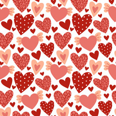 Seamless pattern of simple red hearts isolated on white for wrapping paper or fabric. Hand drawn style. Vector illustration.